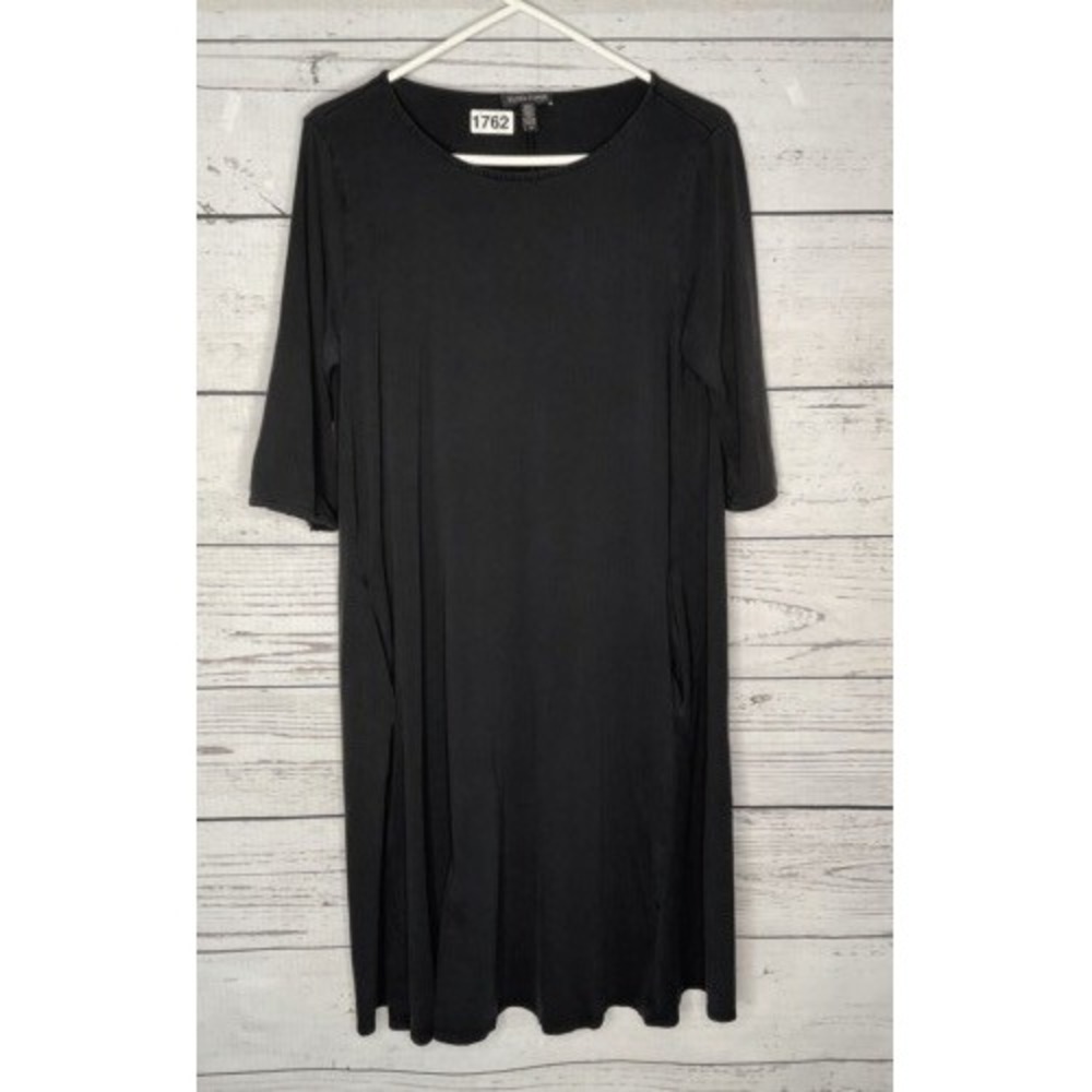 Eileen Fisher Stretch Jersey Knit JewelNeck 3/4 Sleeve Midi‎ Dress Women SP USA